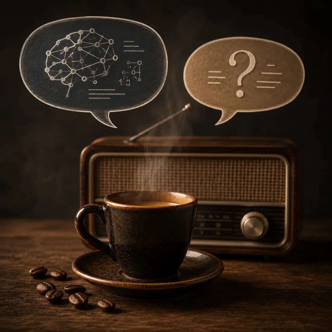 Eine dampfende Espressotasse vor einem alten Radio; darüber zwei Sprechblasen — ein Netz aus Knoten und Linien, und ein Fragezeichen.